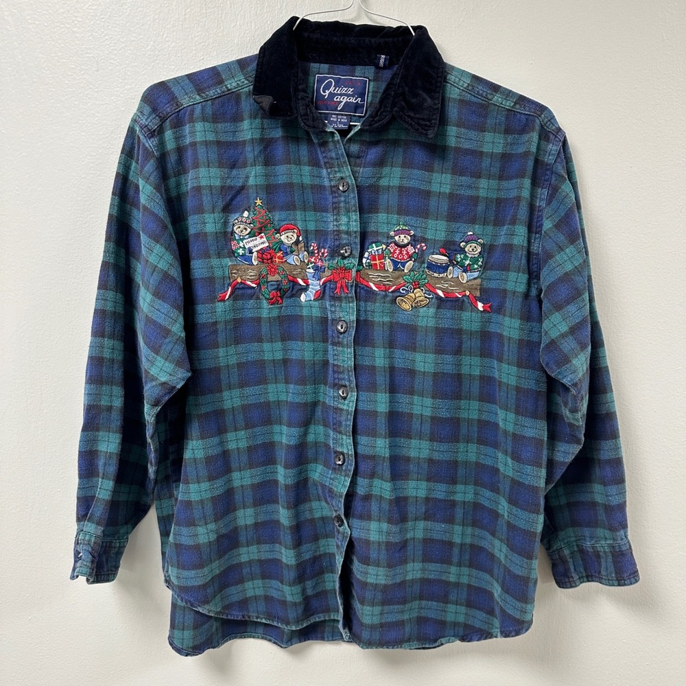 Vintage Christmas Plaid Flannel Shirt Embroidered Bears Corduroy Collar L